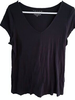 Tahari Essentials Top Size LG Short Sleeve Dark Blue/Black V-Neck Pullover MODAL